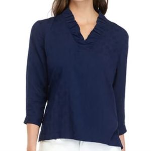 Crown & Ivy V-Neck Ruffle Neck Size XL Navy